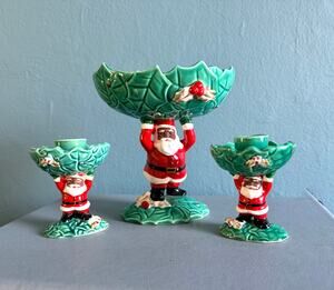 Vintage 1962 Napco Black Santa Claus Ceramic Console Set - Rare Mid Century